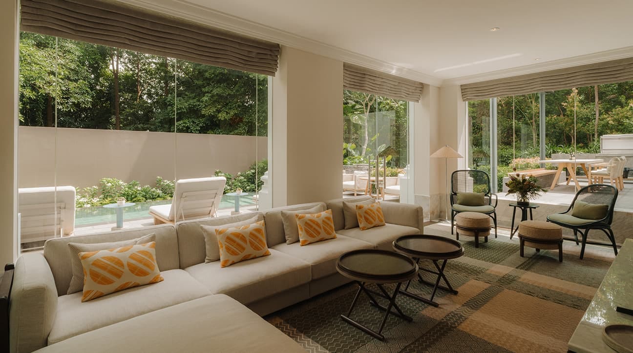 Living room open to the pool and terrace