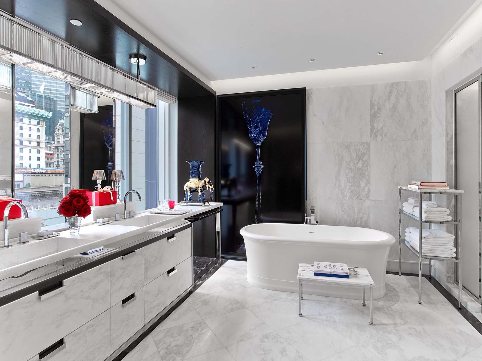 The marble bathroom with its soaking tub