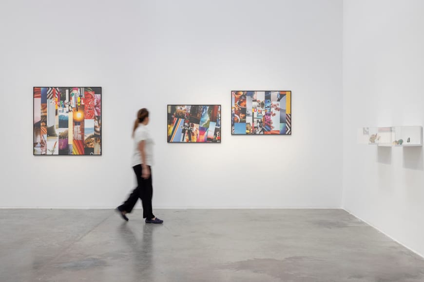 A room of the gallery with collages on the walls