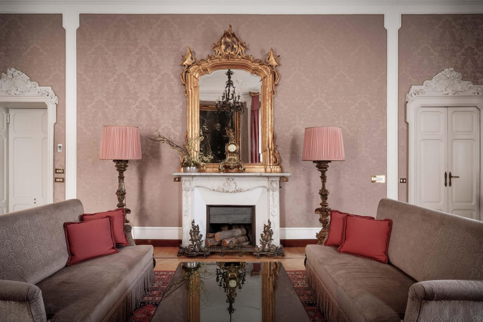 The marble fireplace in the lounge