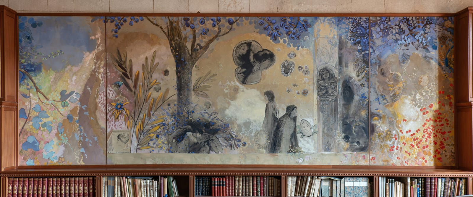 Odilon Redon's panel above the library shelves at the Abbaye de Fontfroide