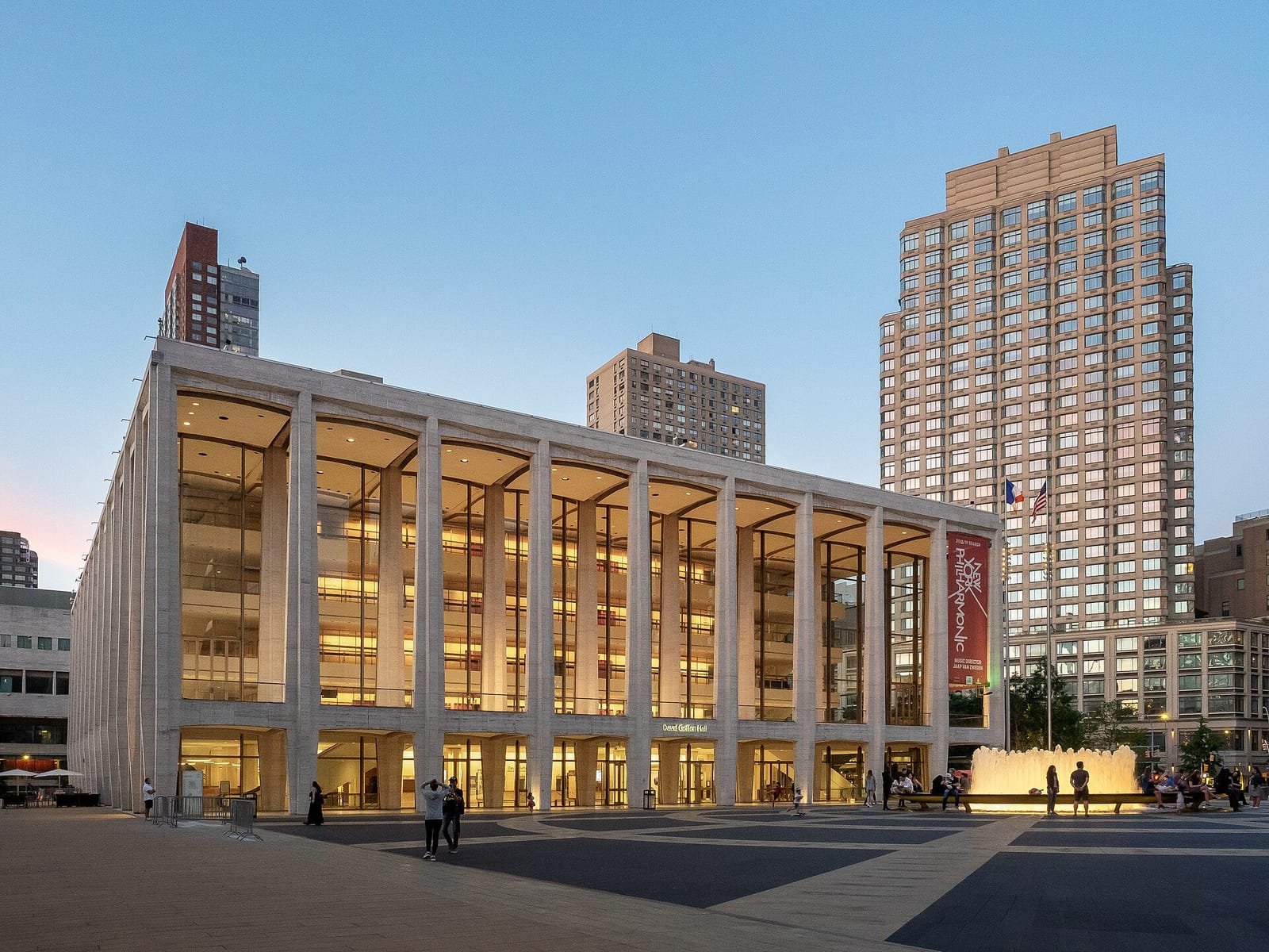 David Geffen Hall from Lincoln Center Plaza at dusk