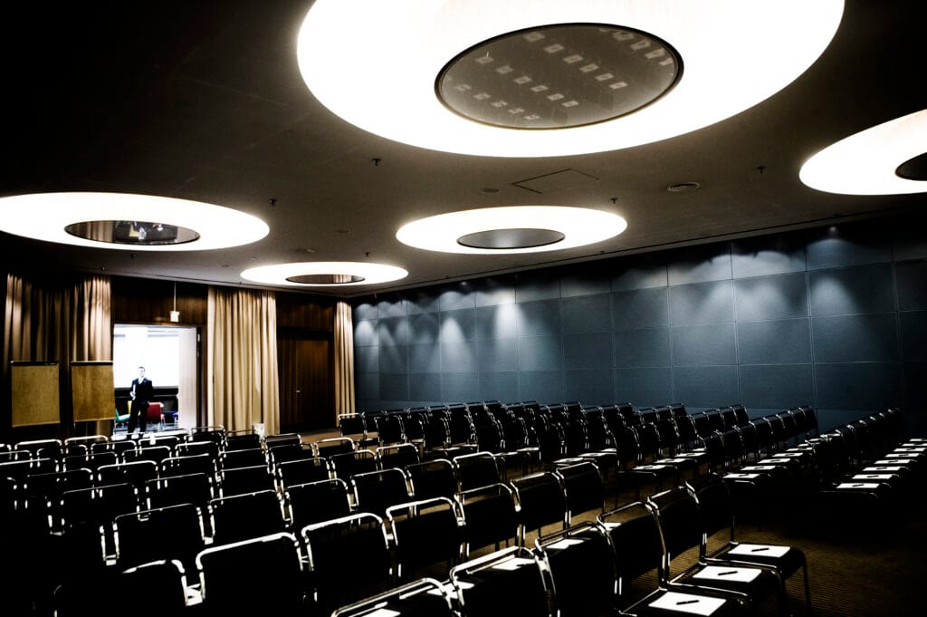 A conference hall set for a meeting