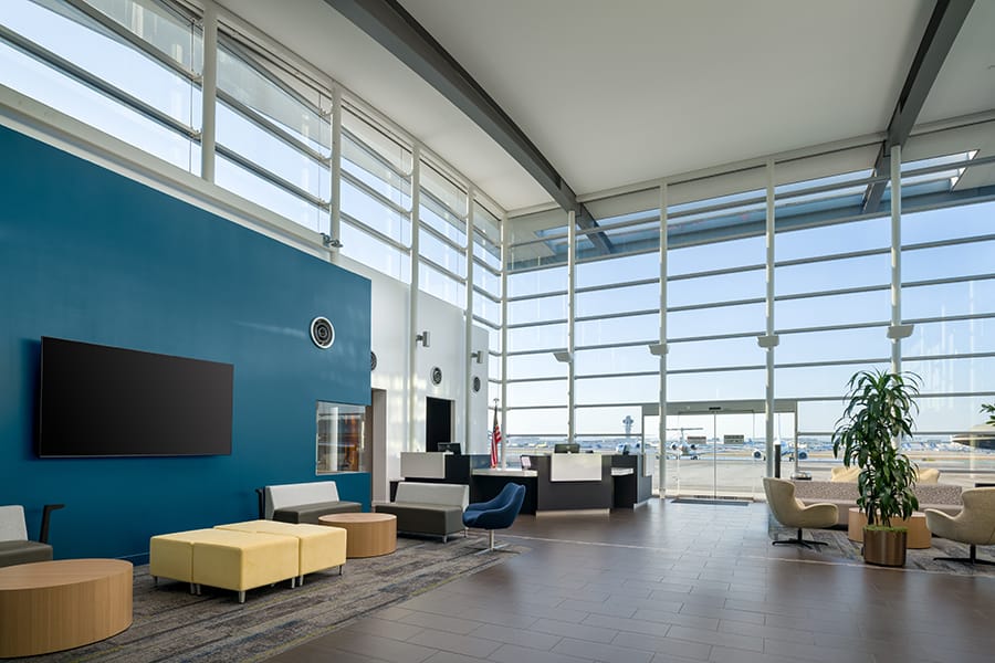 The glass-walled lobby
