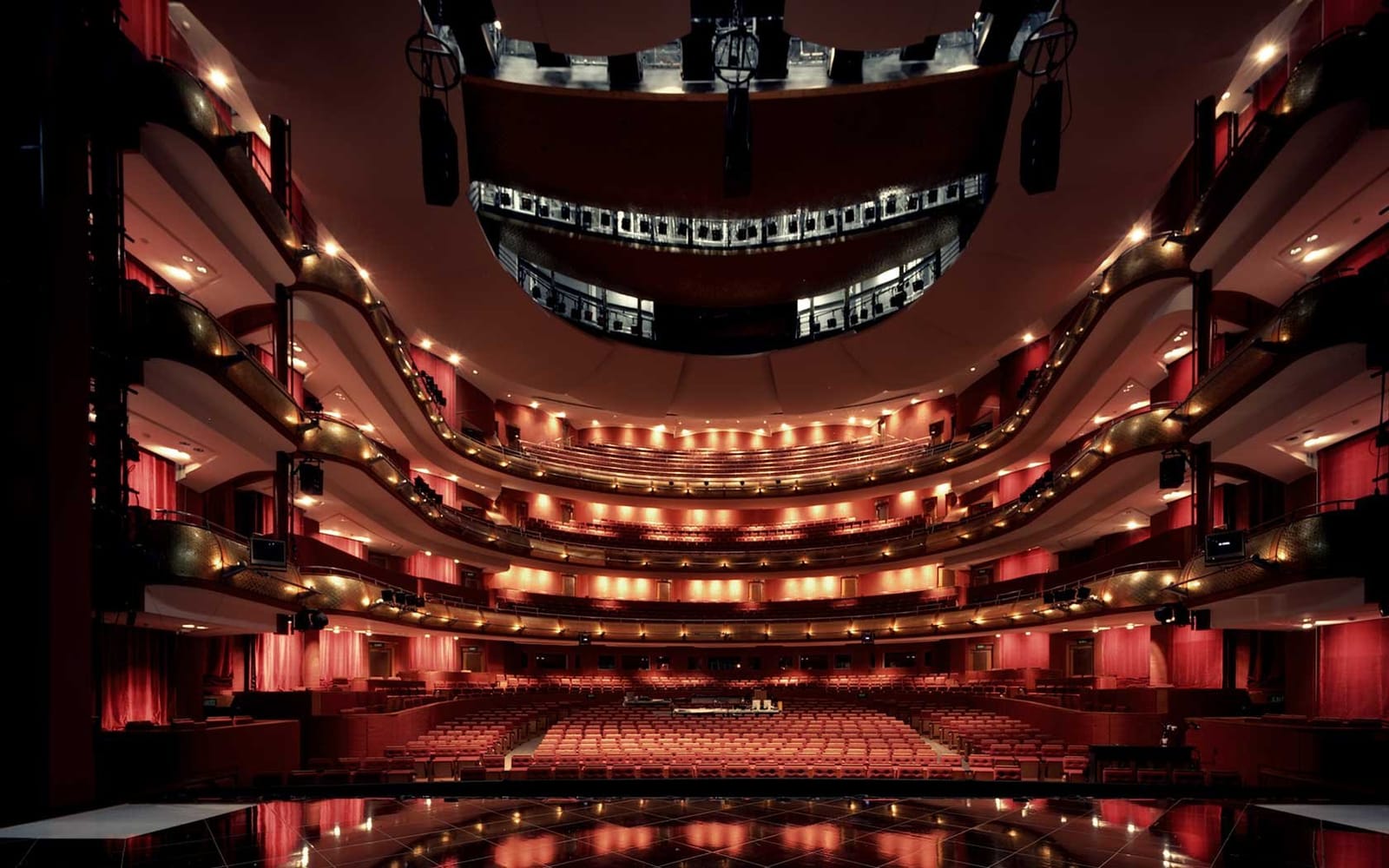The Esplanade Theatre from the stage, its tiers of horseshoe balconies