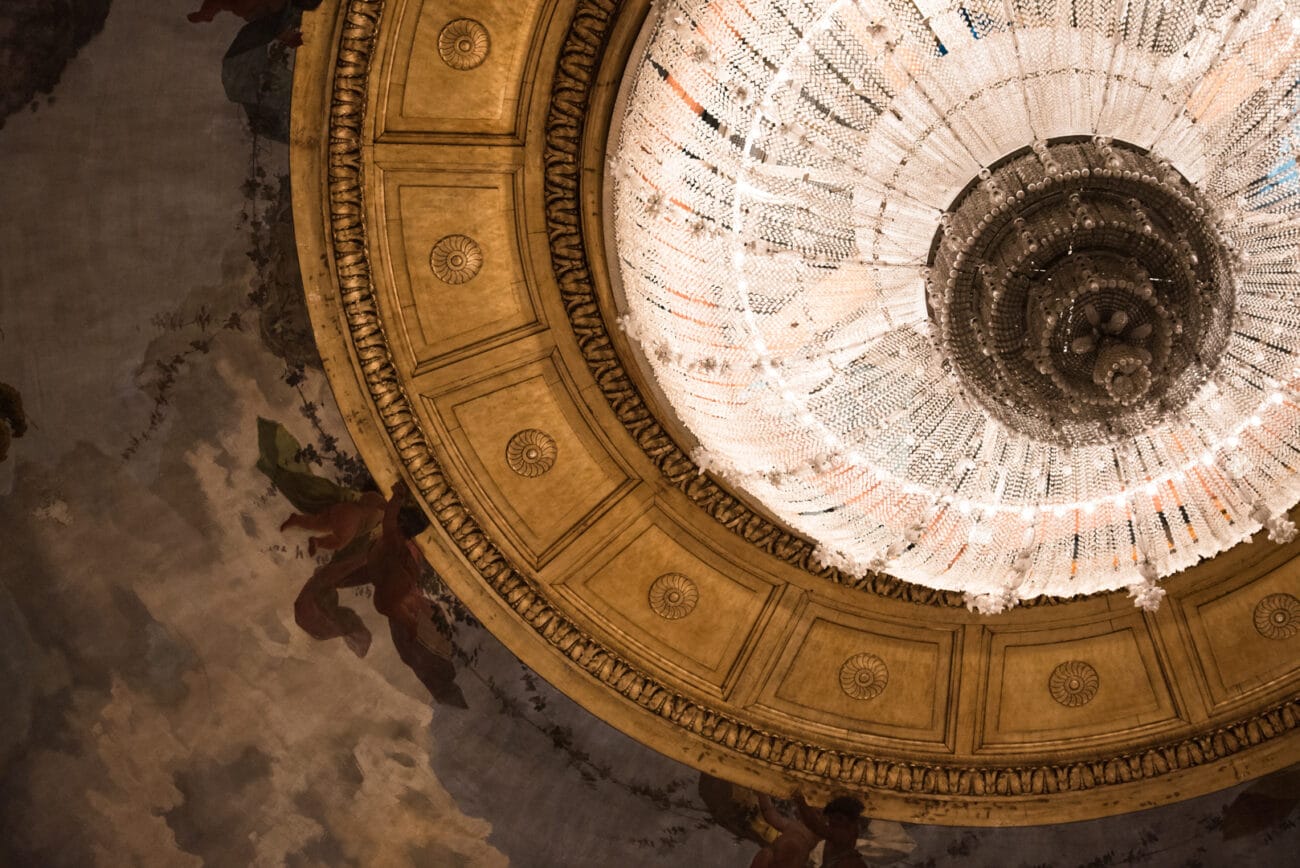 The chandelier and painted ceiling of the Costanzi