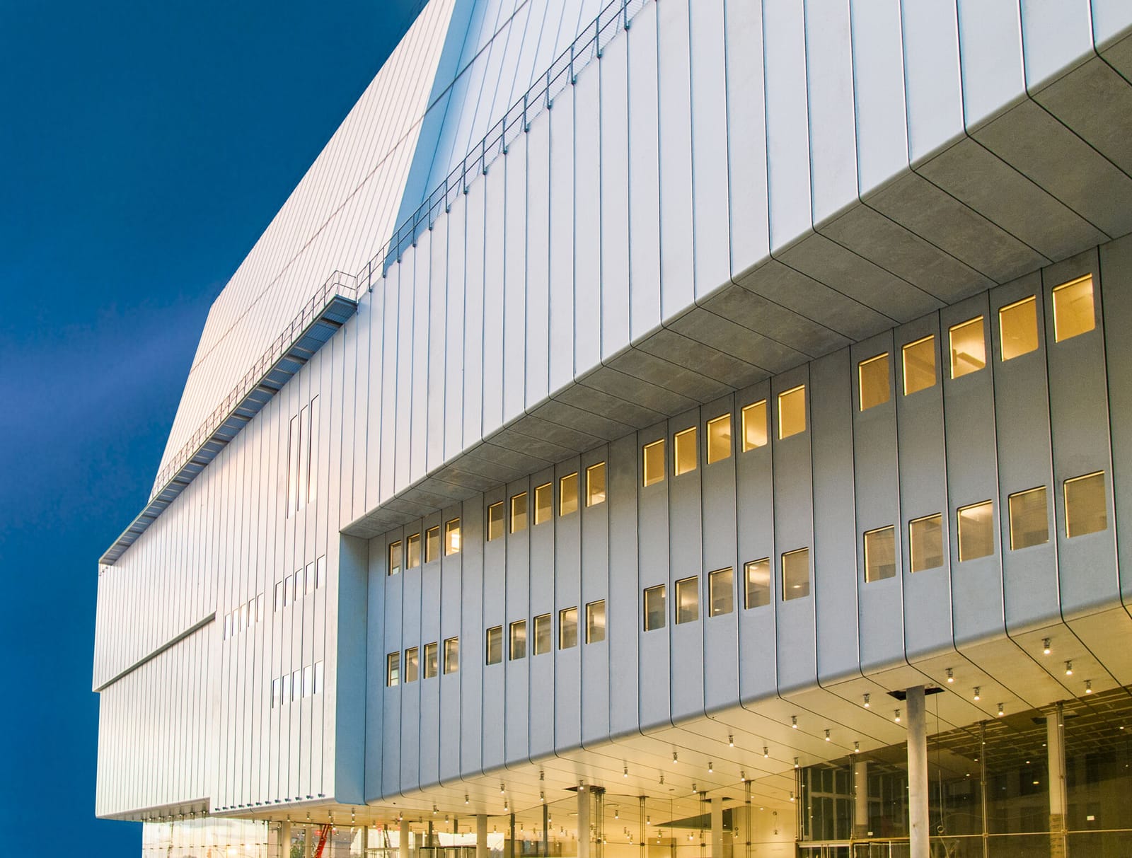 The steel-clad facade over the lobby