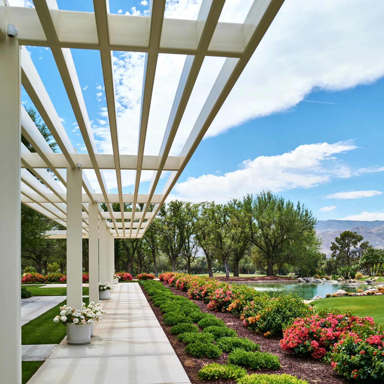 The pergola, lake and mountains