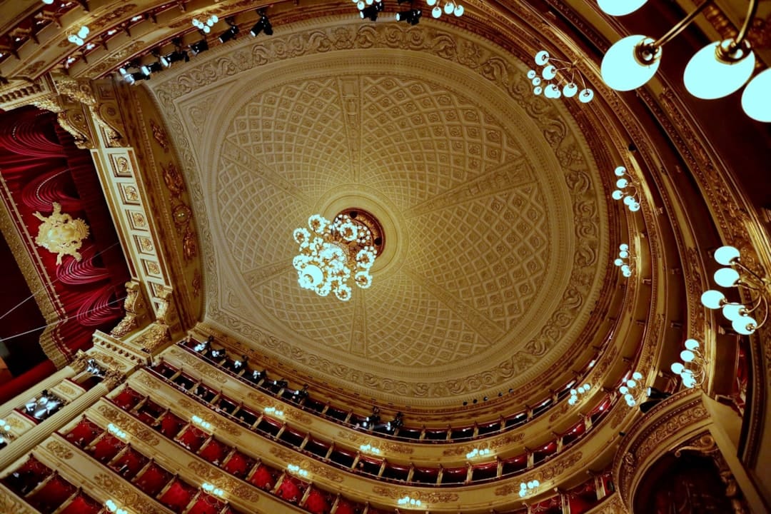 The auditorium ceiling and tiers of boxes