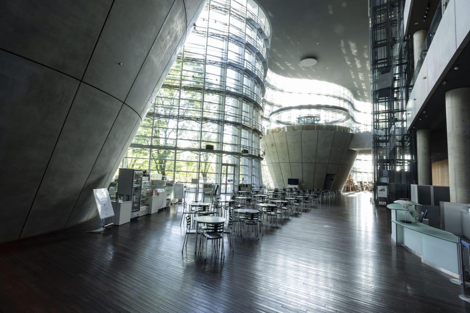 The atrium behind the glass façade