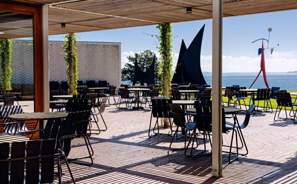 Café terrace over the Sound, Calder sculptures