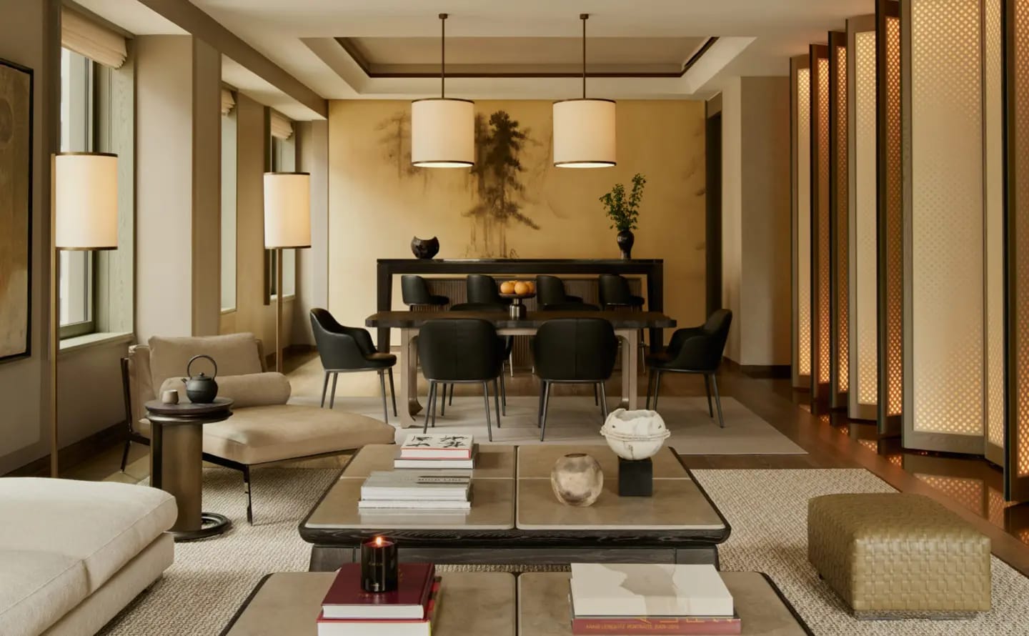 The living room and table for six