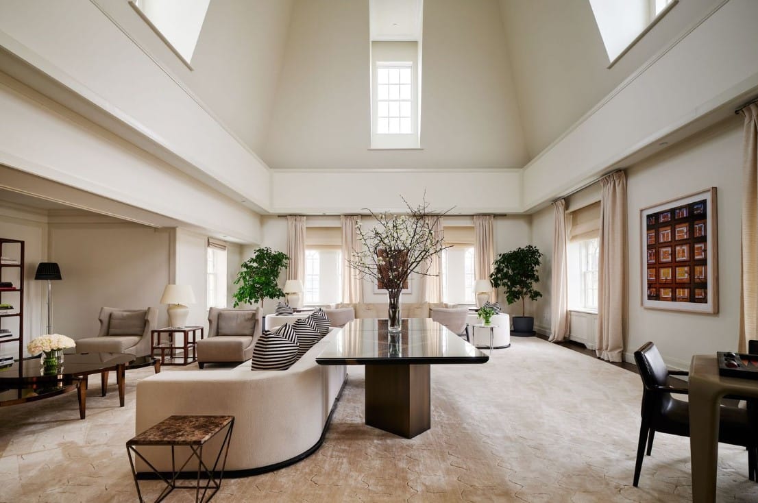 The living room under the 26-foot ceiling