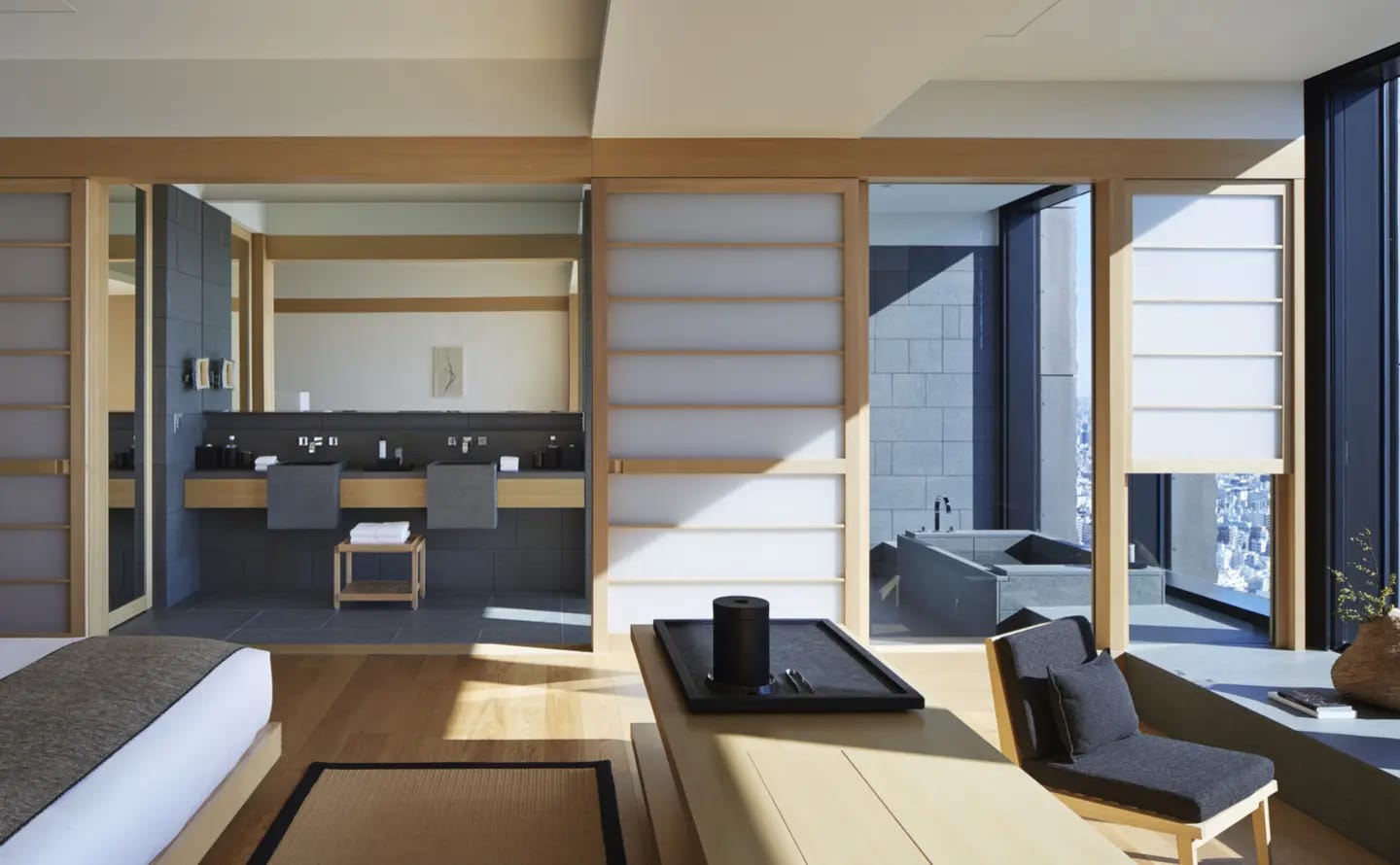 Bedroom, shoji screens and furo bath