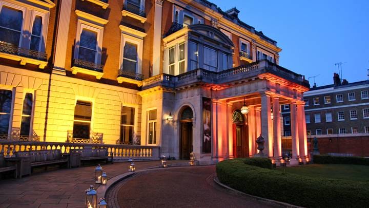 The entrance portico at dusk