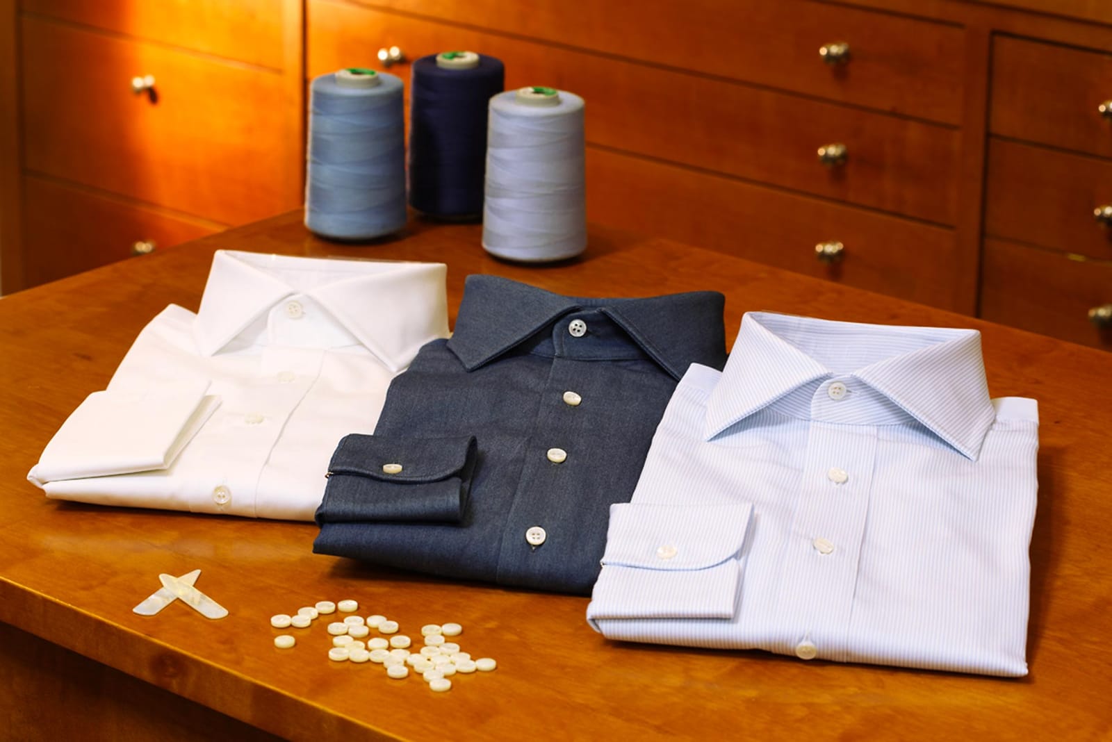 Finished shirts on the cutting table