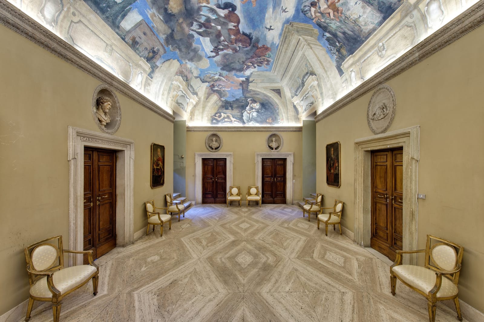 The ground-floor hall under Guercino's Aurora