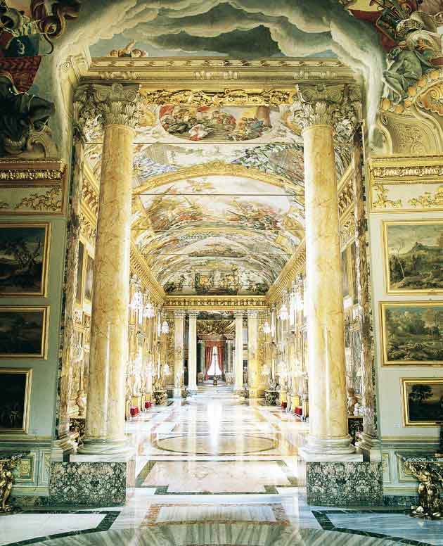 The gallery through the yellow marble columns