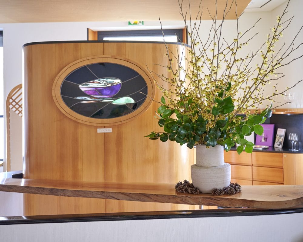 The wooden counter in the dining room