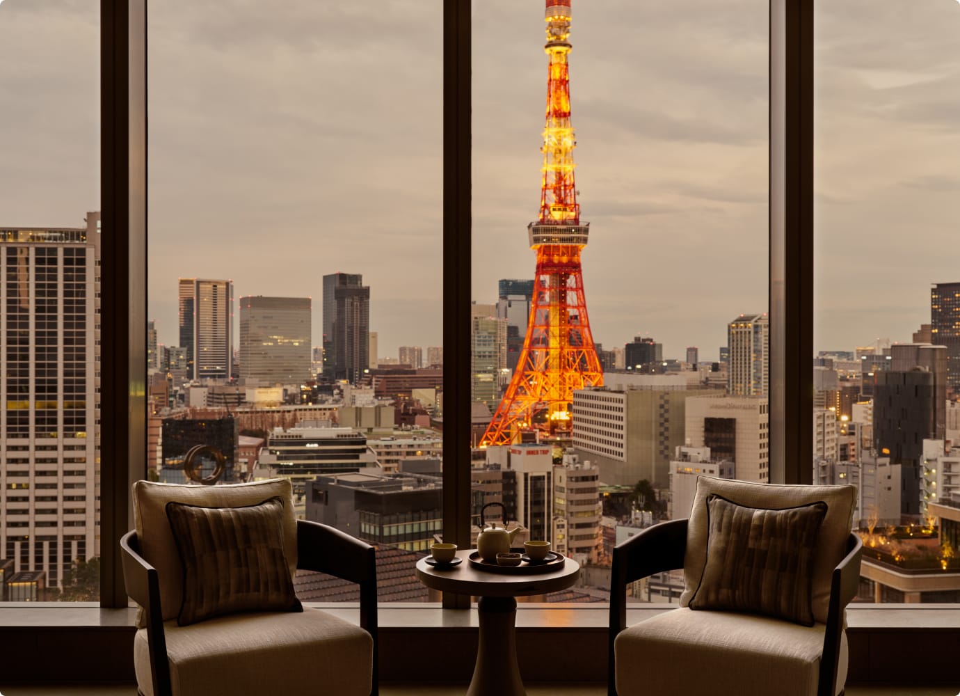Sitting area and Tokyo Tower at dusk