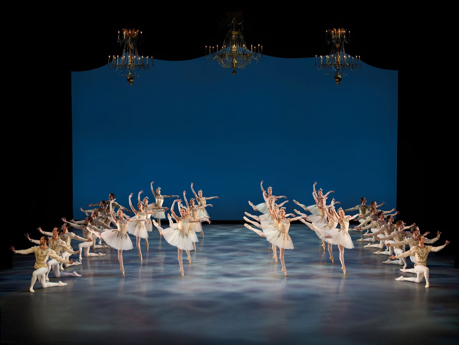 The corps in Diamonds beneath chandeliers on the Old Stage