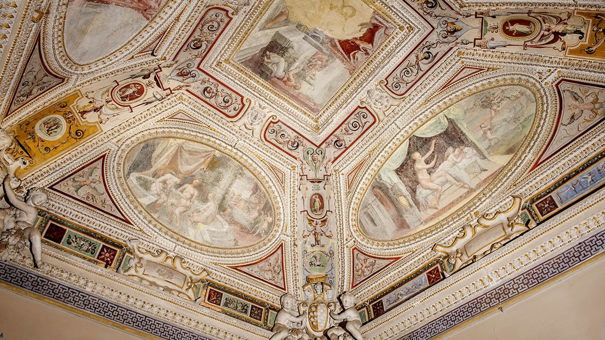 A frescoed and stuccoed ceiling in the castle
